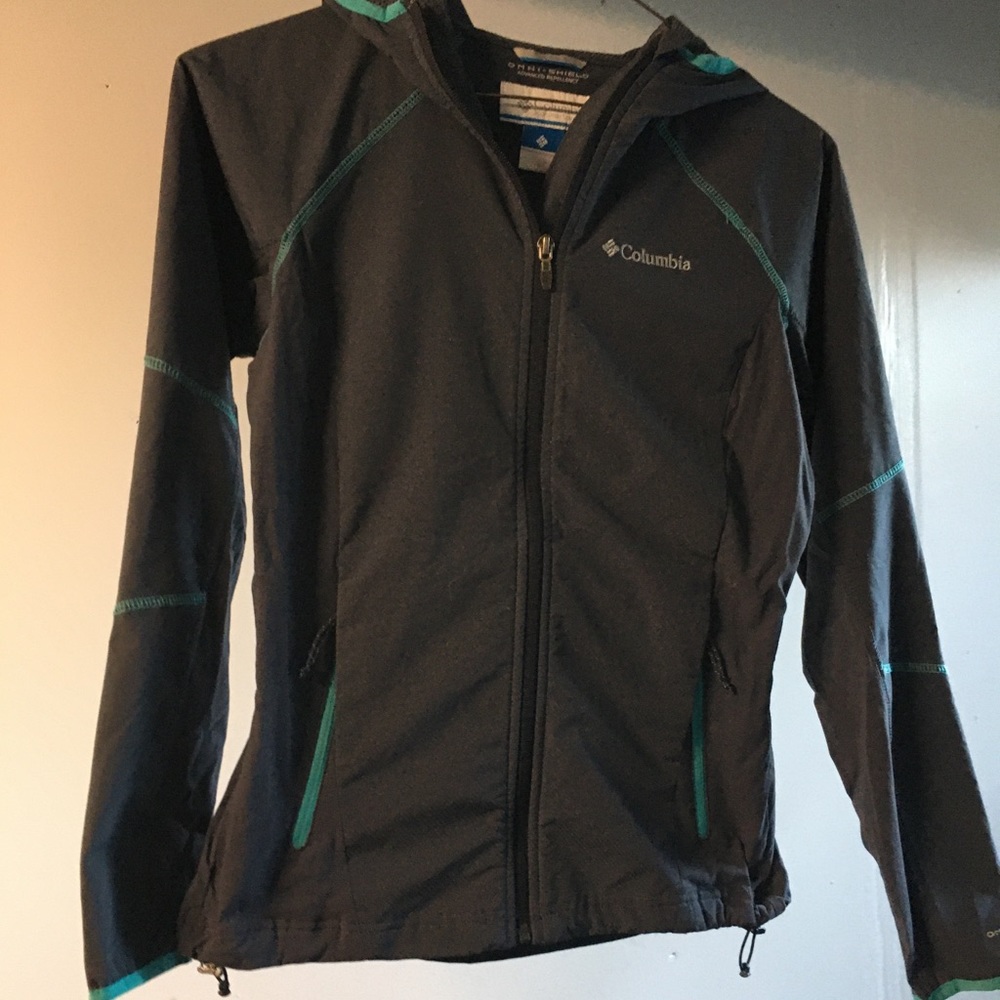 🌬💨 Columbia graphite grey hooded jacket w-turquoise contrast stitching, small